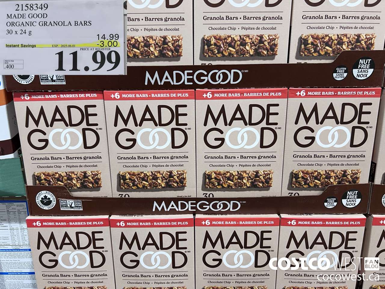 2158349 MADE GOOD ORGANIC GRANOLA BARS 30 X 24G ($3.00 INSTANT SAVINGS EXPIRES ON 2025-06-01) $11.99