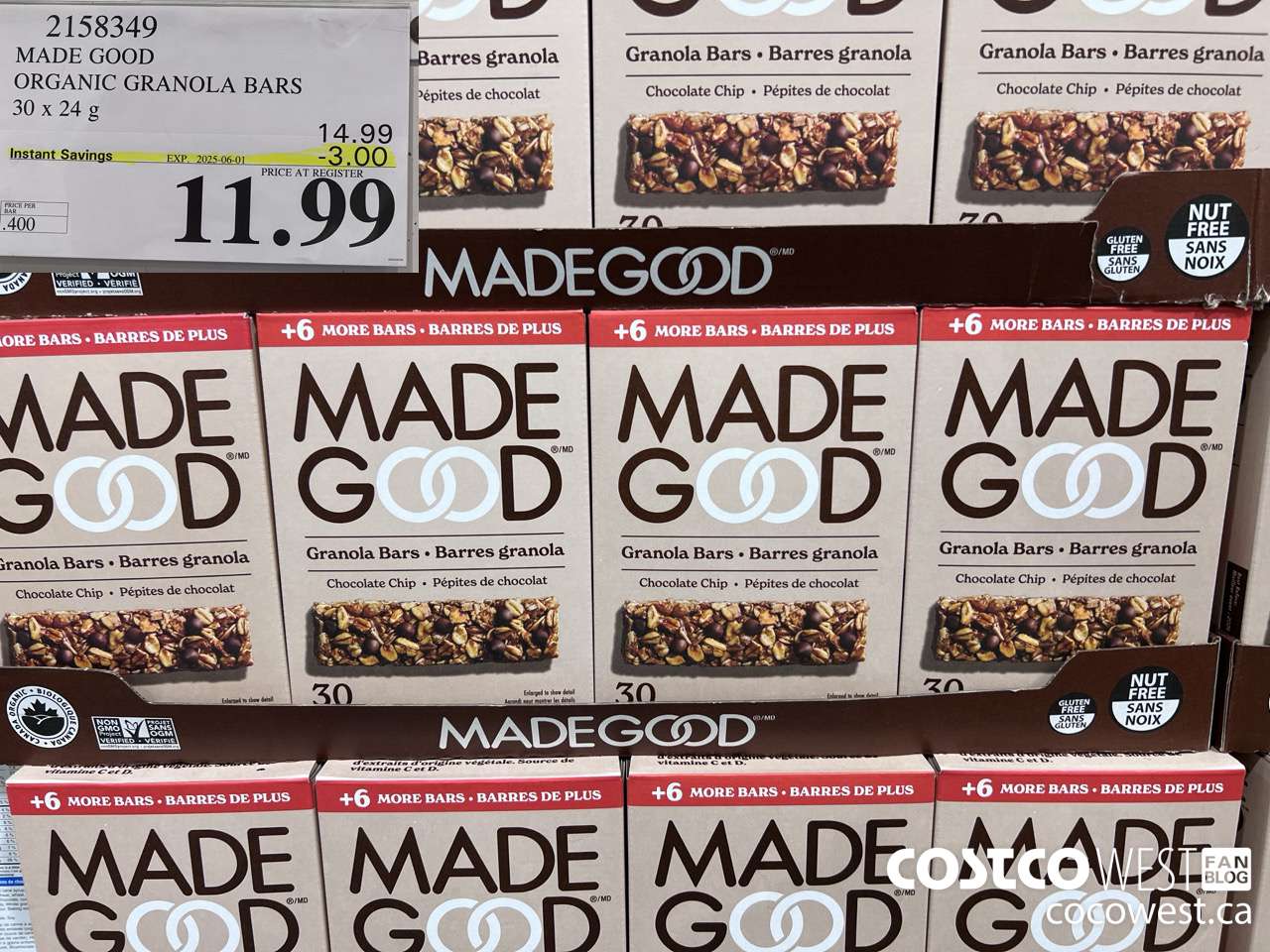2158349 MADE GOOD ORGANIC GRANOLA BARS 30 X 24G ($3.00 INSTANT SAVINGS EXPIRES ON 2025-06-01) $11.99