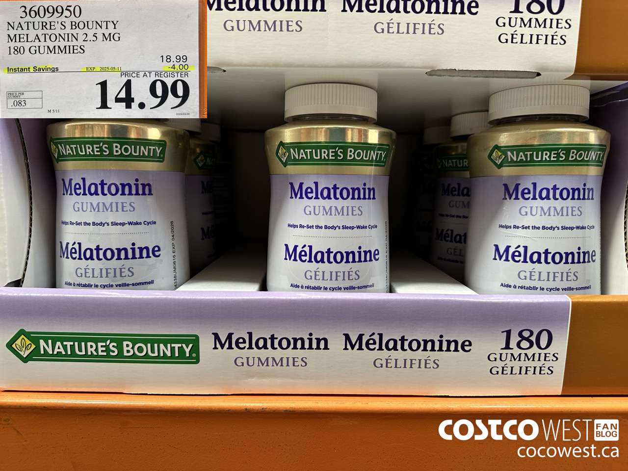 3609950 NATURE'S BOUNTY MELATONIN GUMMIES 180 GUMMIES ($4.00 INSTANT SAVINGS EXPIRES ON 2025-05-11) $14.99