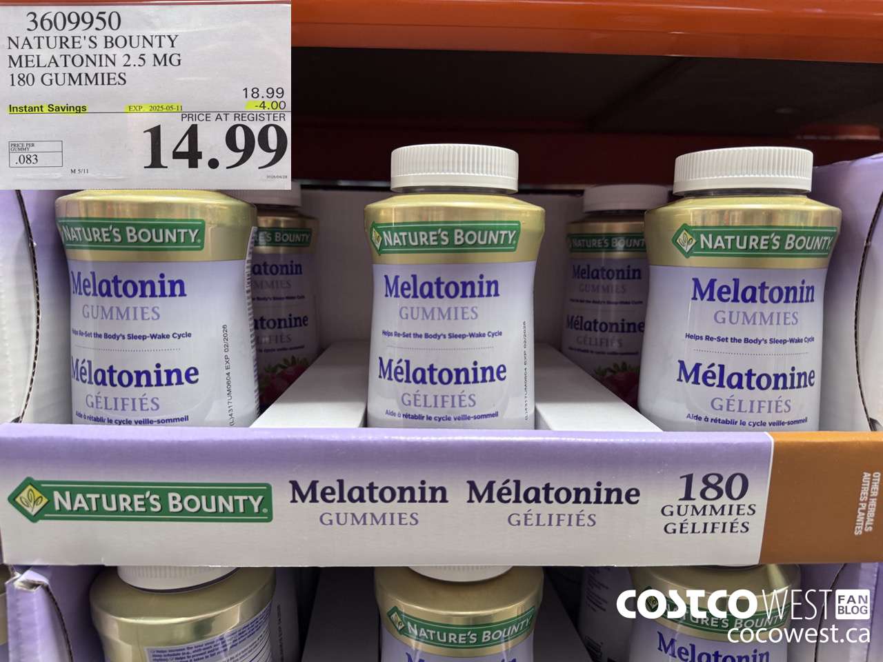 3609950 NATURE'S BOUNTY MELATONIN GUMMIES 180 GUMMIES ($4.00 INSTANT SAVINGS EXPIRES ON 2025-05-11) $14.99