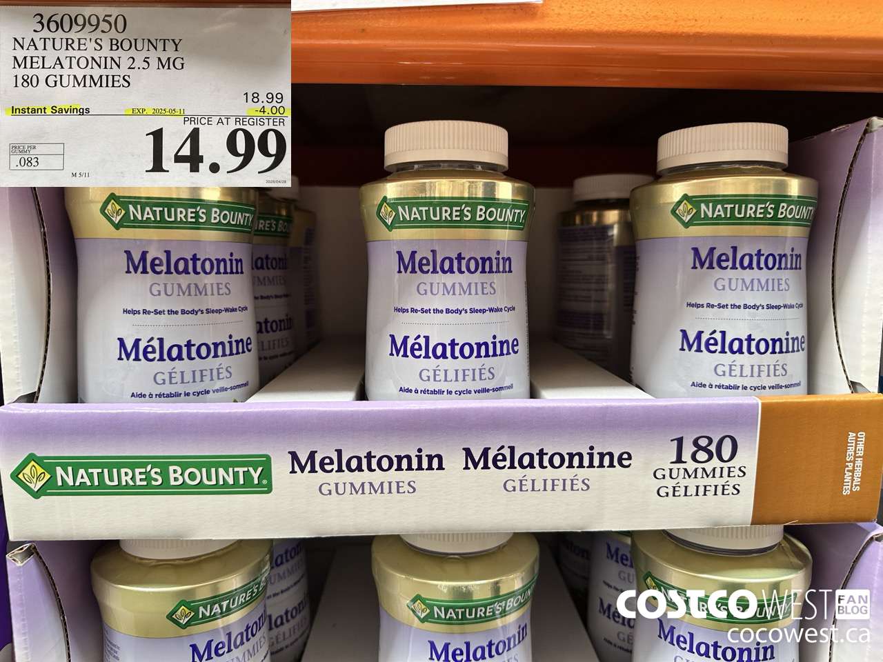 3609950 NATURE'S BOUNTY MELATONIN GUMMIES 180 GUMMIES ($4.00 INSTANT SAVINGS EXPIRES ON 2025-05-11) $14.99