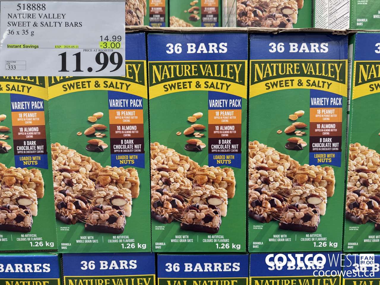 518888 NATURE VALLEY SWEET & SALTY BARS 36 X 35 G ($3.00 INSTANT SAVINGS EXPIRES ON 2025-05-11) $11.99