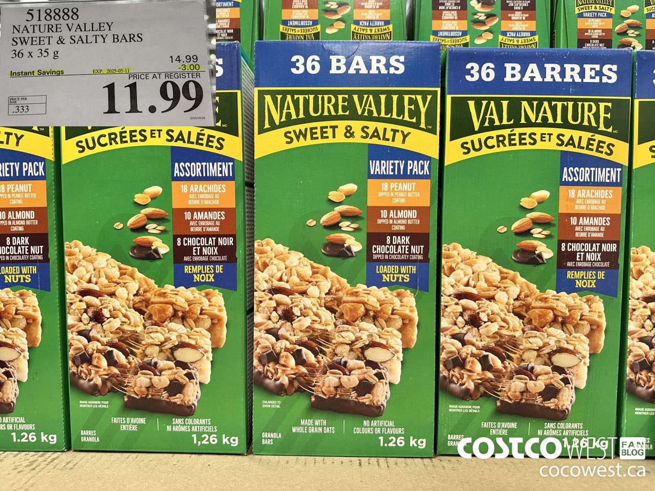 518888 NATURE VALLEY SWEET & SALTY BARS 36 X 35 G ($3.00 INSTANT SAVINGS EXPIRES ON 2025-05-11) $11.99