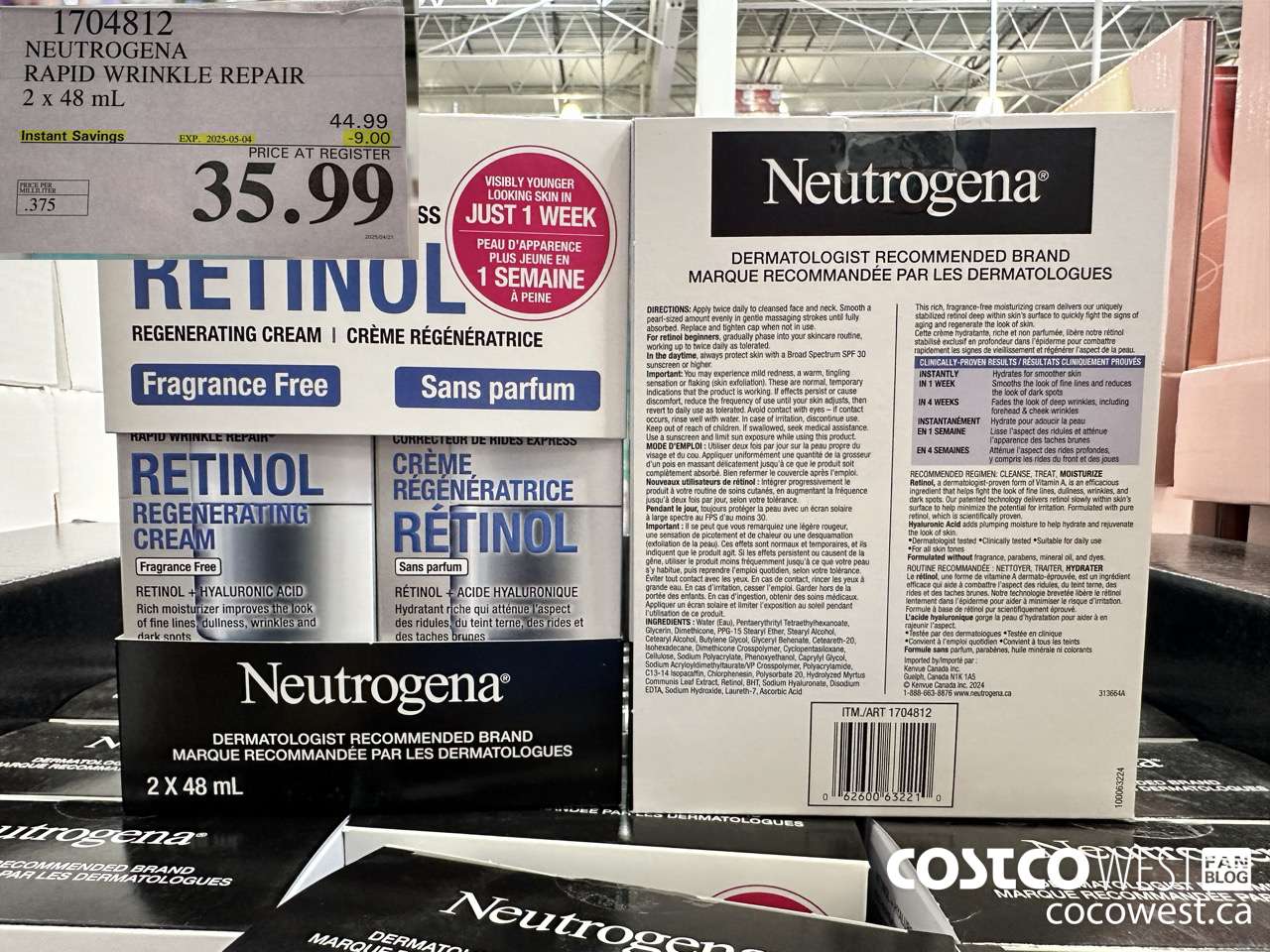 1704812 NEUTROGENA RAPID WRINKLE REPAIR 2 X 48ML ($9.00 INSTANT SAVINGS EXPIRES ON 2025-05-04) $35.99
