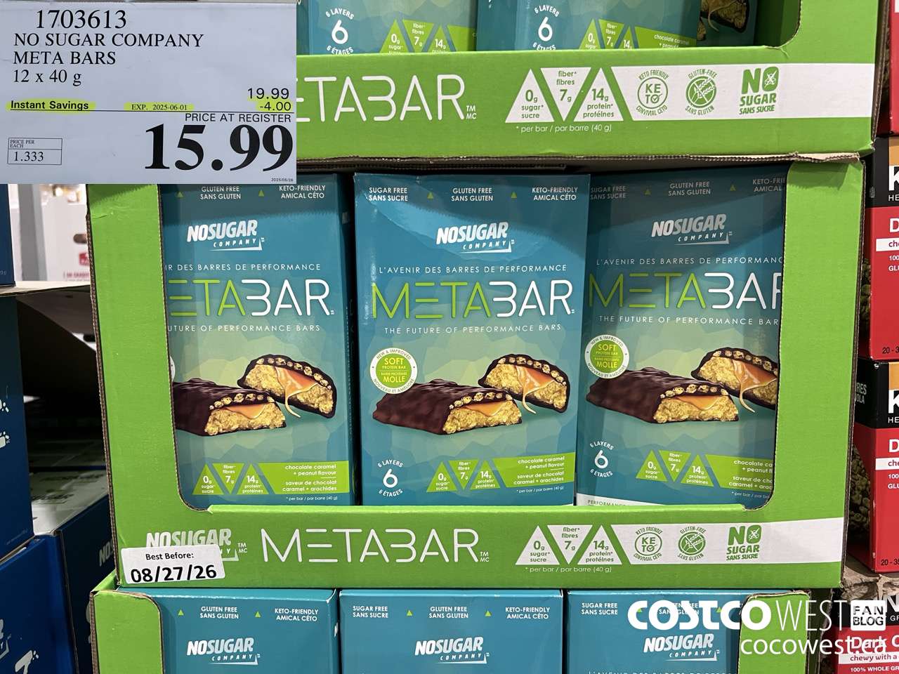 1703613 NO SUGAR COMPANY META BARS 12 x 40g ($4.00 INSTANT SAVINGS EXPIRES ON 2025-06-01) $15.99