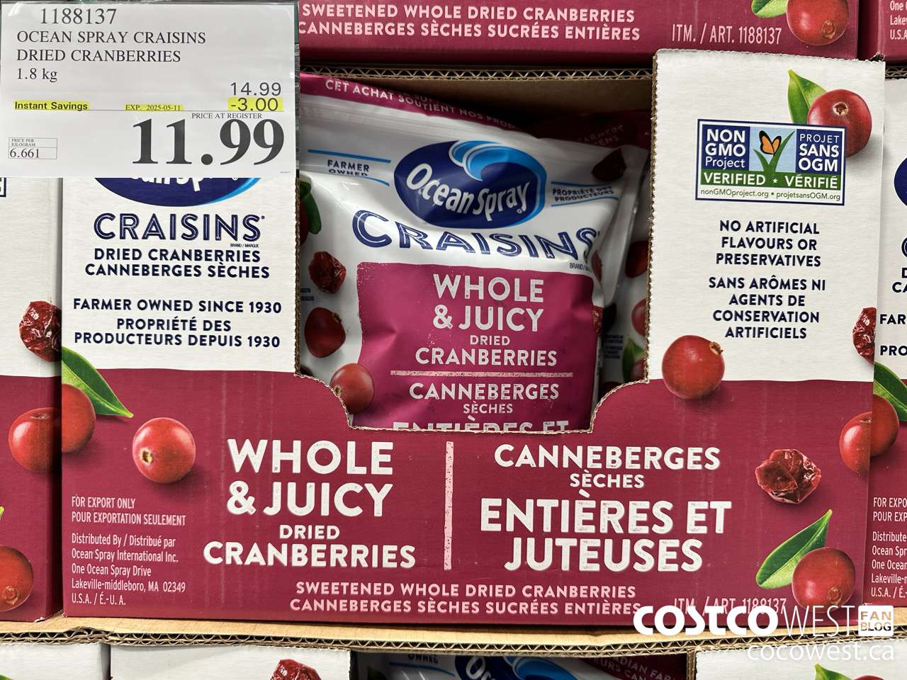 1188137 OCEAN SPRAY CRAISINS DRIED CRANBERRIES 1.8 KG ($3.00 INSTANT SAVINGS EXPIRES ON 2025-05-11) $11.99