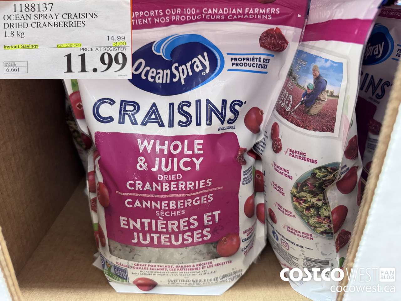 1188137 OCEAN SPRAY CRAISINS DRIED CRANBERRIES 1.8 KG ($3.00 INSTANT SAVINGS EXPIRES ON 2025-05-11) $11.99