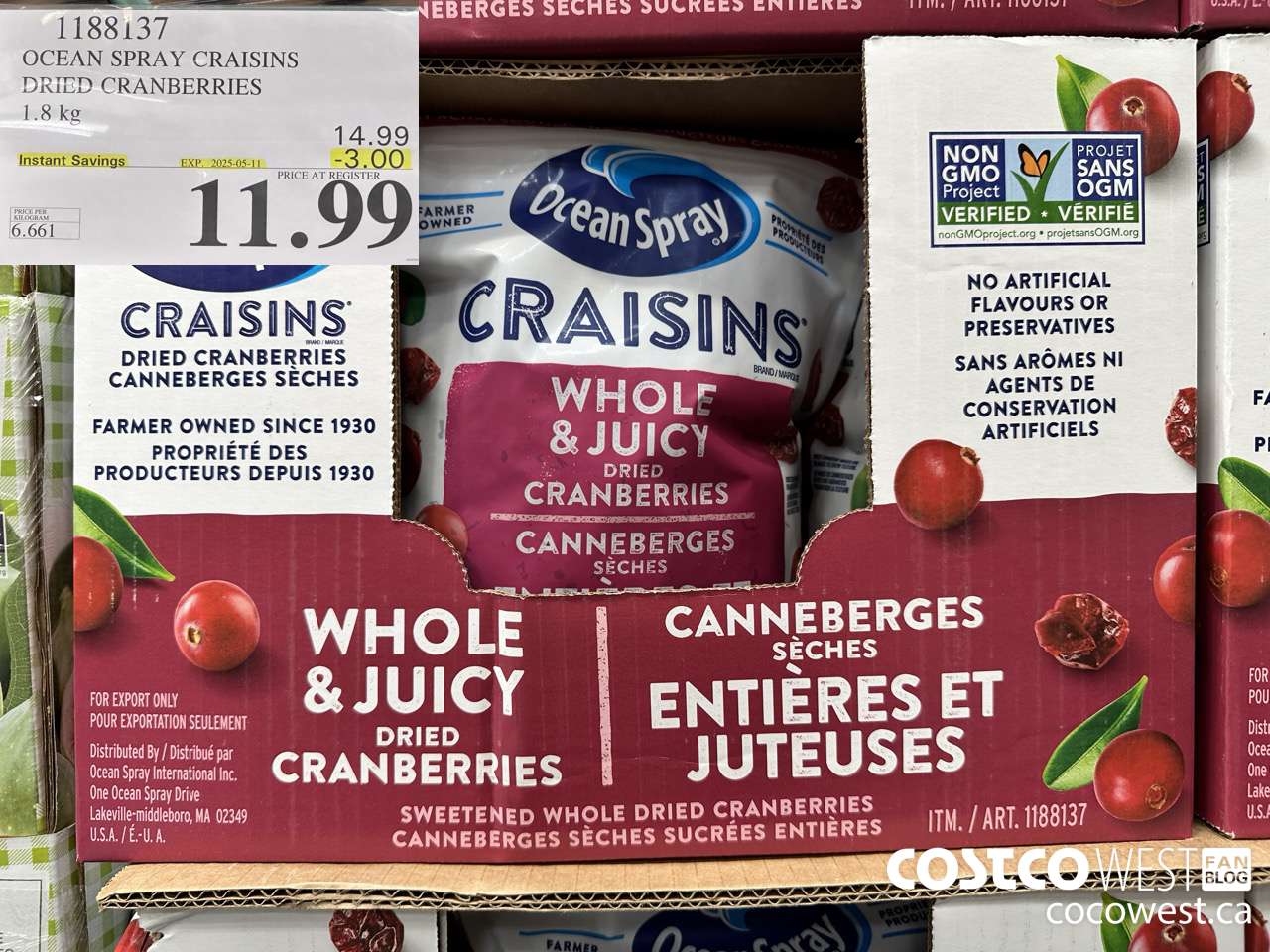 1188137 OCEAN SPRAY CRAISINS DRIED CRANBERRIES 1.8 KG ($3.00 INSTANT SAVINGS EXPIRES ON 2025-05-11) $11.99