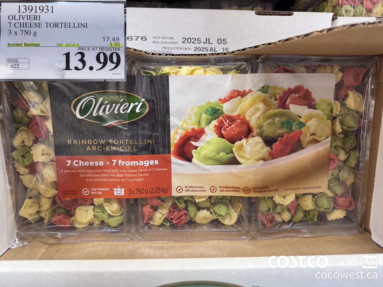 1391931 OLIVIERI 7 CHEESE TORTELLINI 3 x 750 g ($3.50 INSTANT SAVINGS EXPIRES ON 2025-05-18) $13.99