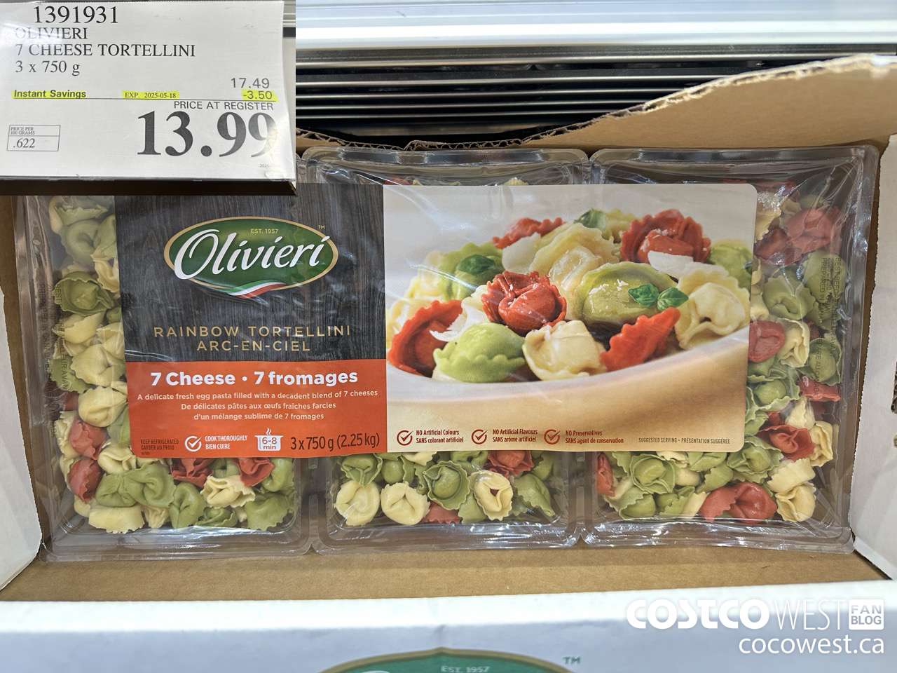 1391931 OLIVIERI 7 CHEESE TORTELLINI 3 x 750 g ($3.50 INSTANT SAVINGS EXPIRES ON 2025-05-18) $13.99