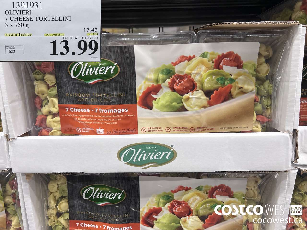 1391931 OLIVIERI 7 CHEESE TORTELLINI 3 x 750 g ($3.50 INSTANT SAVINGS EXPIRES ON 2025-05-18) $13.99