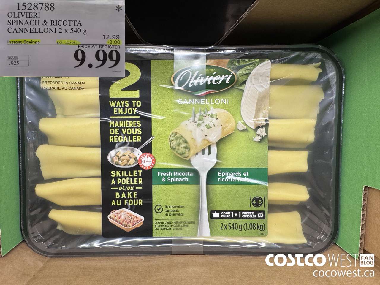 1528788 OLIVIERI SPINACH & RICOTTA CANNELLONI 2 x 540 g ($3.00 INSTANT SAVINGS EXPIRES ON 2025-05-11) $9.99