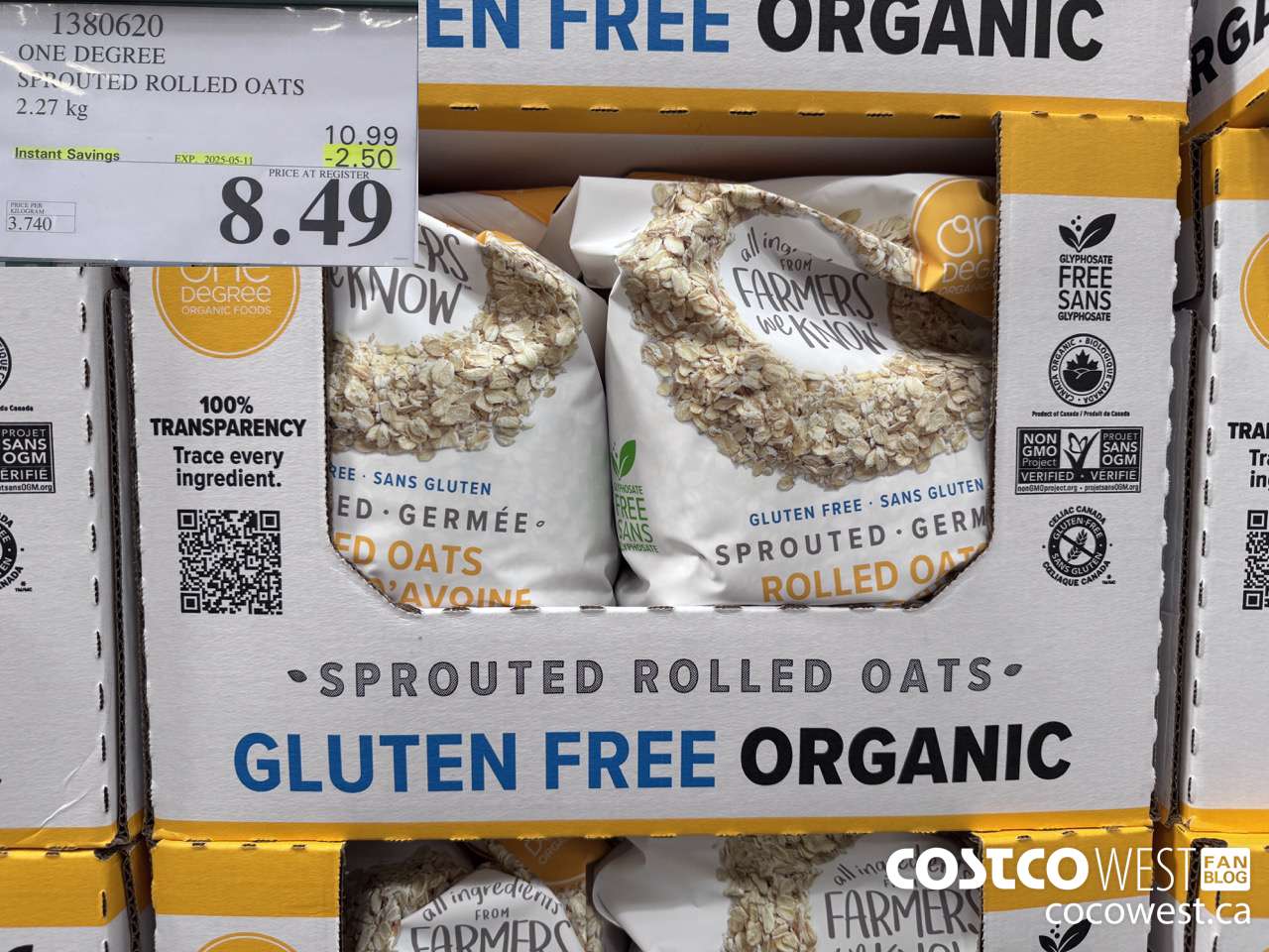 1380620 ONE DEGREE SPROUTED ROLLED OATS 2.27 KG ($2.50 INSTANT SAVINGS EXPIRES ON 2025-05-11) $8.49