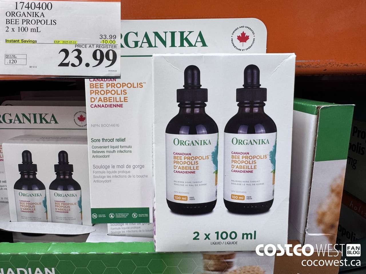 1740400 ORGANIKA LIQUID BEE PROPOLIS ALCOHOL FREE 2 X 100ML ($10.00 INSTANT SAVINGS EXPIRES ON 2025-05-11) $23.99