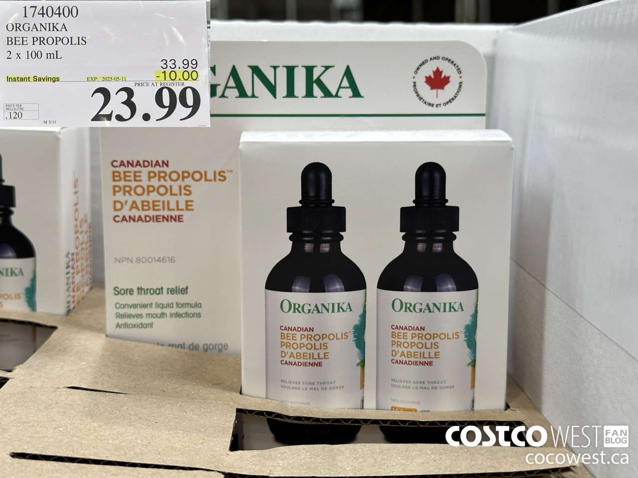 1740400 ORGANIKA LIQUID BEE PROPOLIS ALCOHOL FREE 2 X 100ML ($10.00 INSTANT SAVINGS EXPIRES ON 2025-05-11) $23.99