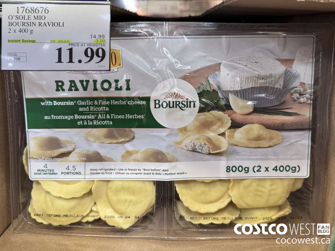 1768676 O'SOLE MIO BOURSIN RAVIOLI 2 X 400G ($3.00 INSTANT SAVINGS EXPIRES ON 2025-05-05) $11.99