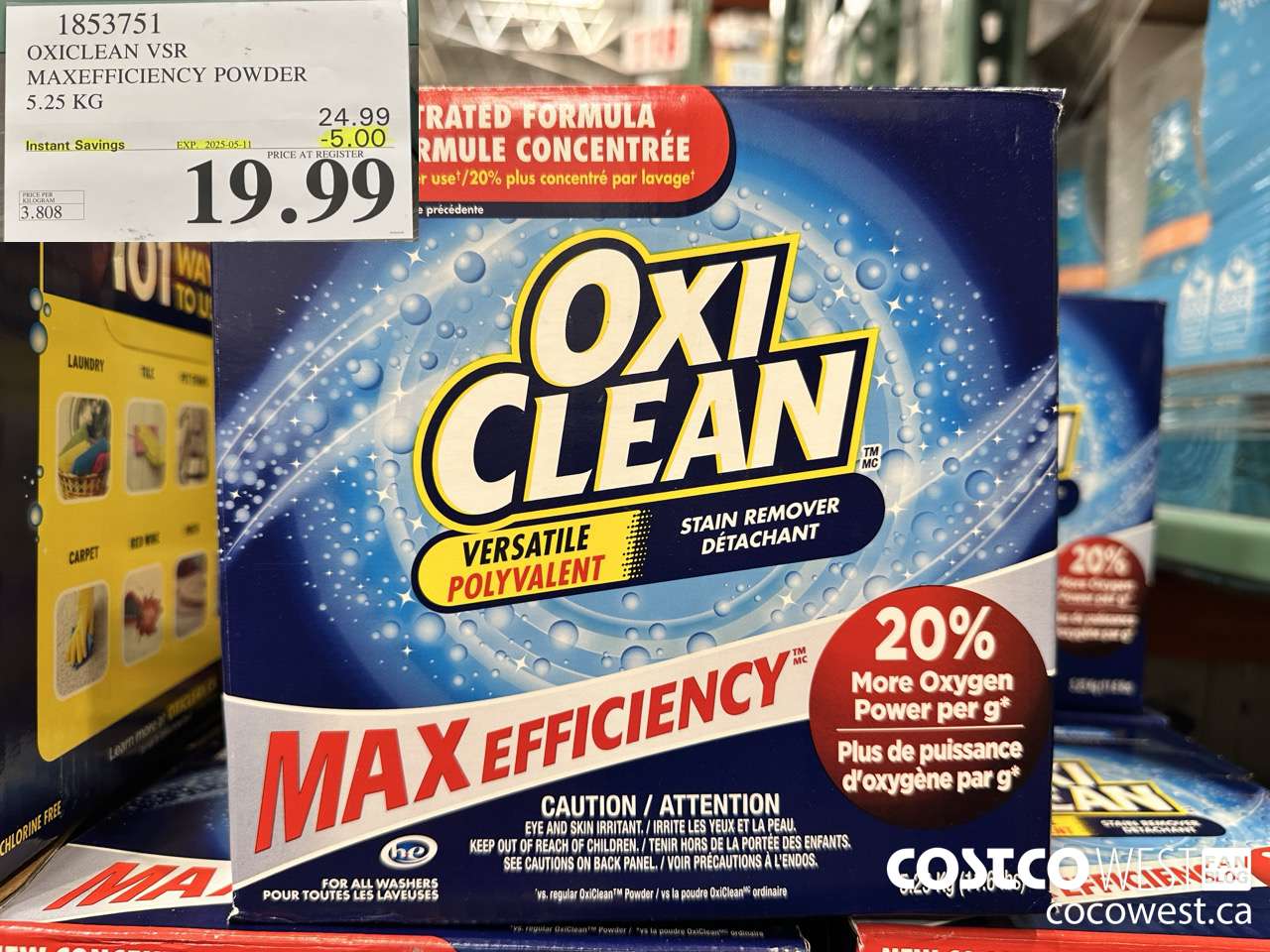 1853751 OXICLEAN VSR MAXEFFICIENCY POWDER 5.25KG ($5.00 INSTANT SAVINGS EXPIRES ON 2025-05-11) $19.99