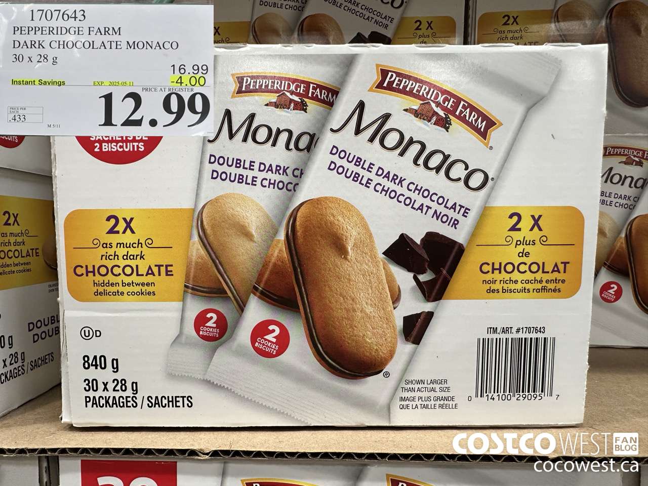 1707643 PEPPERIDGE FARM DARK CHOCOLATE MONACO 30 X 28G ($4.00 INSTANT SAVINGS EXPIRES ON 2025-05-11) $12.99