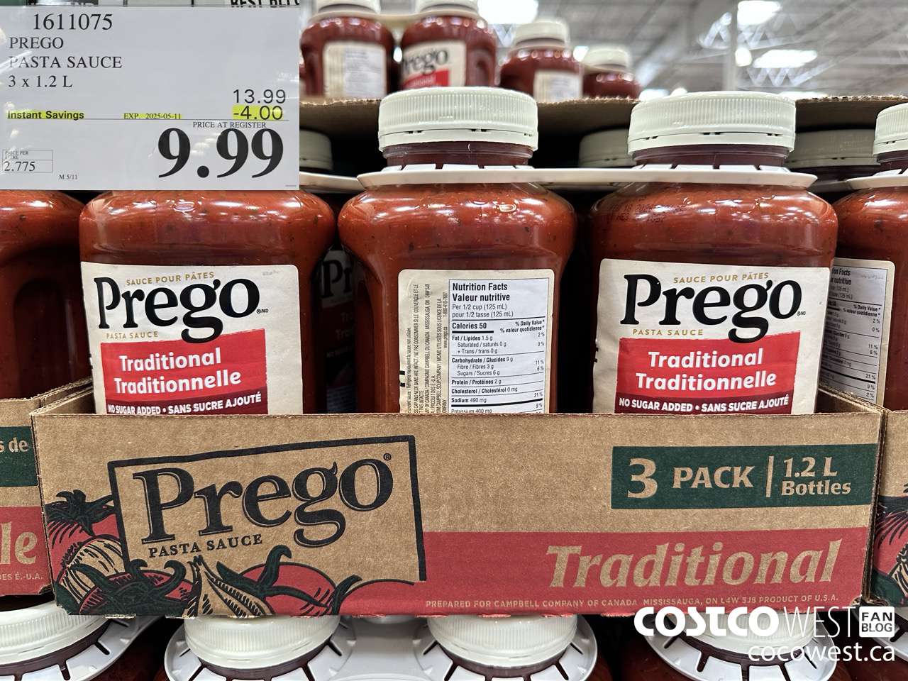 1611075 PREGO ORIGINAL PASTA SAUCE 3 X 1.2 L ($4.00 INSTANT SAVINGS EXPIRES ON 2025-05-11) $9.99