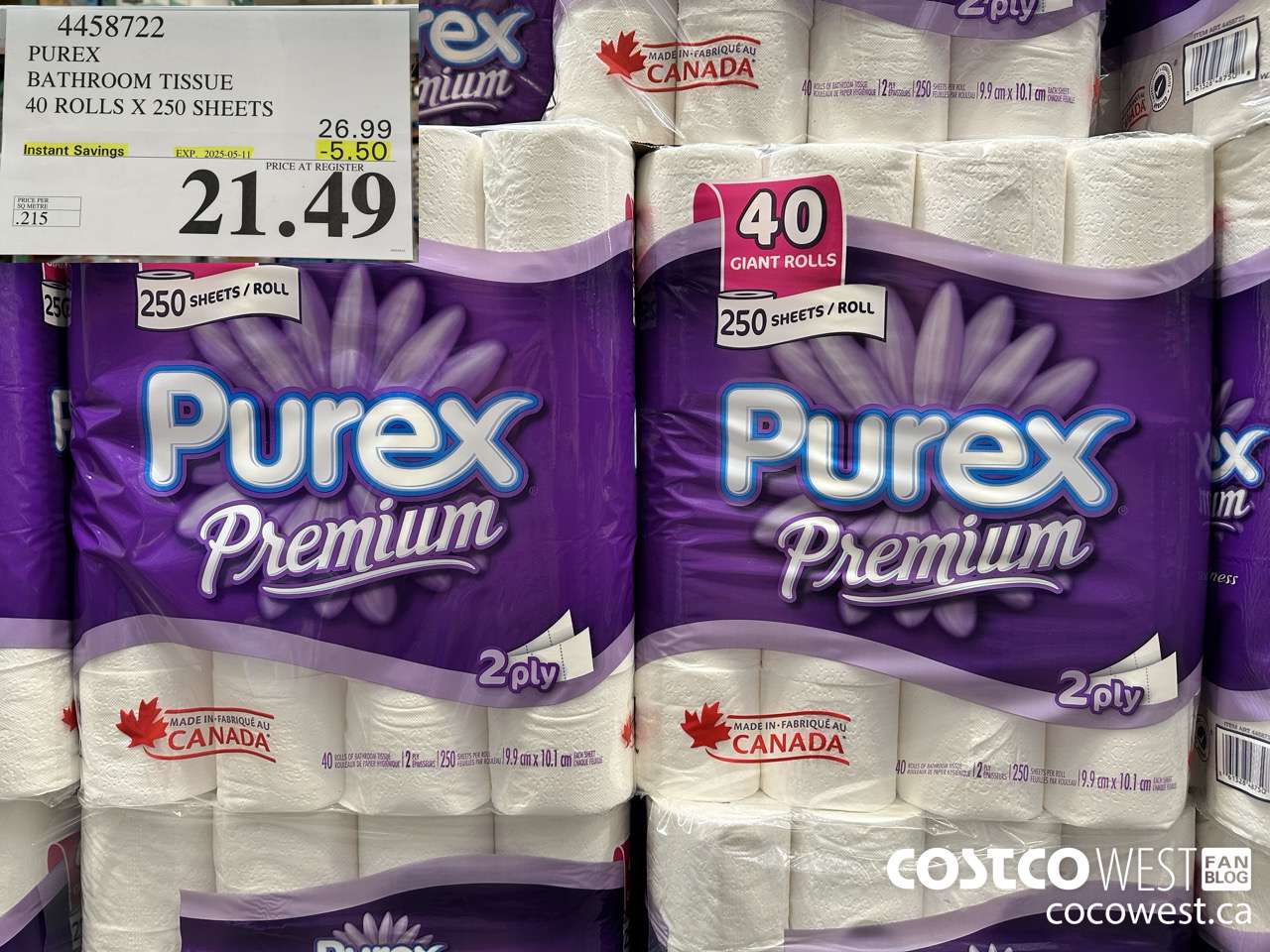 4458722 PUREX BATHROOM TISSUE 40 ROLLS X 250 SHEETS ($5.50 INSTANT SAVINGS EXPIRES ON 2025-05-11) $21.49