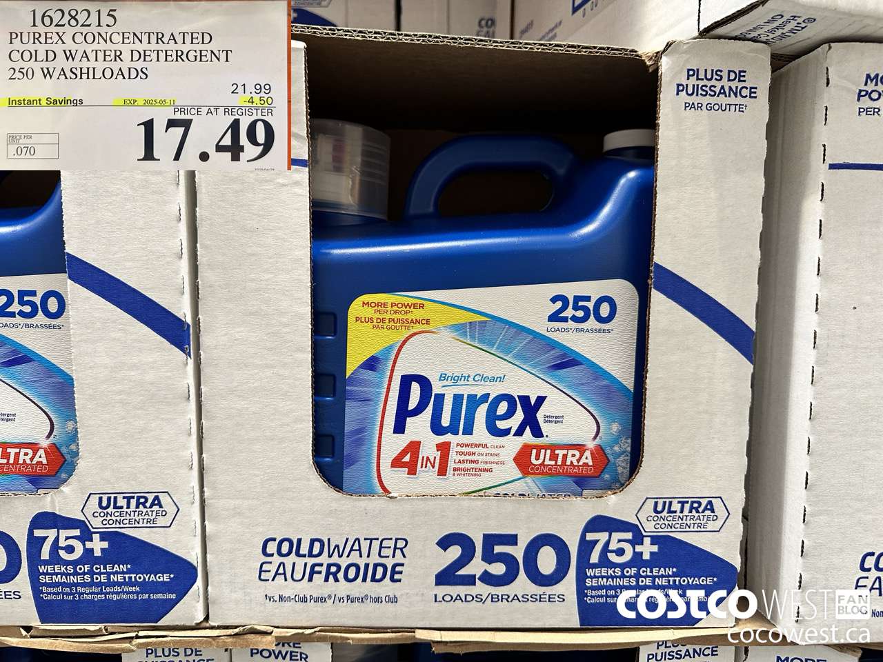 1628215 PUREX CONCENTRATED COLD WATER DETERGENT 250 WASHLOADS ($4.50 INSTANT SAVINGS EXPIRES ON 2025-05-11) $17.49