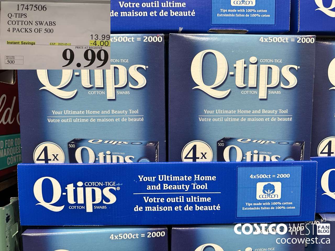 1747506 Q-TIPS COTTON SWABS 4 PACKS OF 500 ($4.00 INSTANT SAVINGS EXPIRES ON 2025-05-11) $9.99