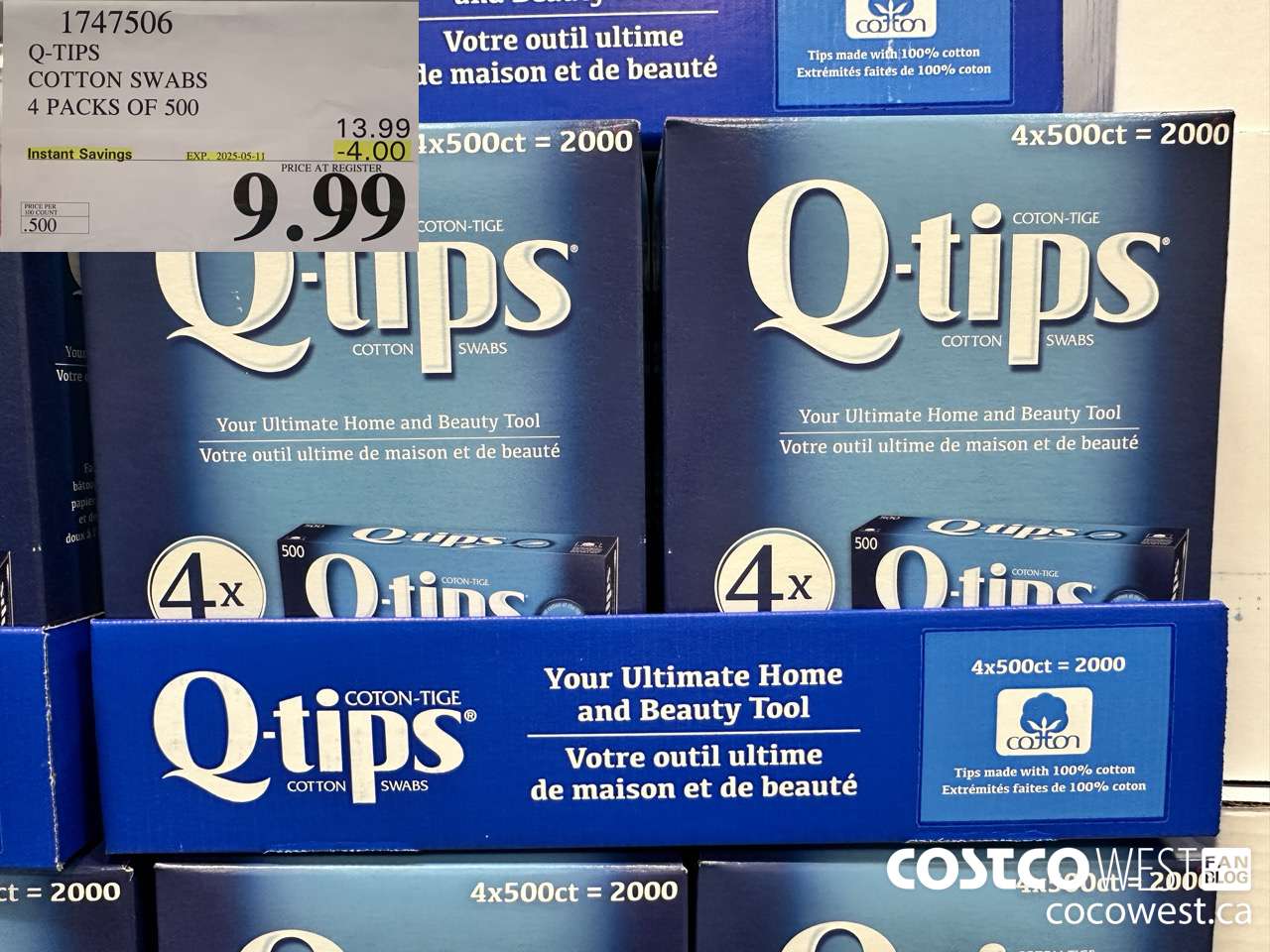 1747506 Q-TIPS COTTON SWABS 4 PACKS OF 500 ($4.00 INSTANT SAVINGS EXPIRES ON 2025-05-11) $9.99