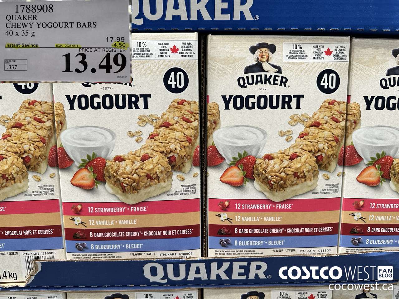 1788908 QUAKER CHEWY YOGOURT BARS 40 X 35 G ($4.50 INSTANT SAVINGS EXPIRES ON 2025-05-11) $13.49