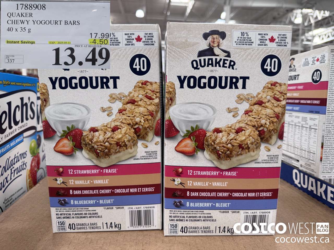 1788908 QUAKER CHEWY YOGOURT BARS 40 X 35 G ($4.50 INSTANT SAVINGS EXPIRES ON 2025-05-11) $13.49