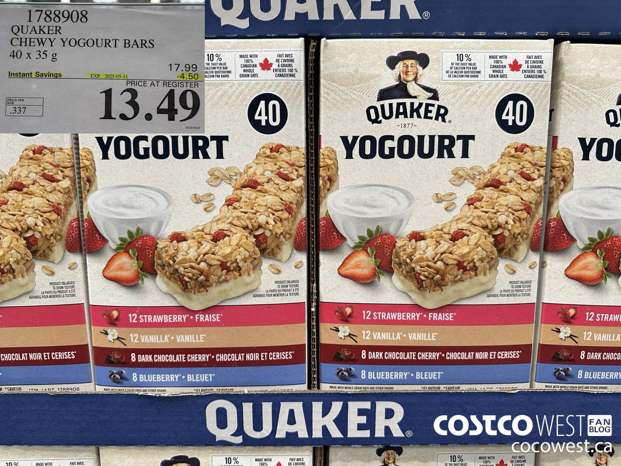 1788908 QUAKER CHEWY YOGOURT BARS 40 X 35 G ($4.50 INSTANT SAVINGS EXPIRES ON 2025-05-11) $13.49