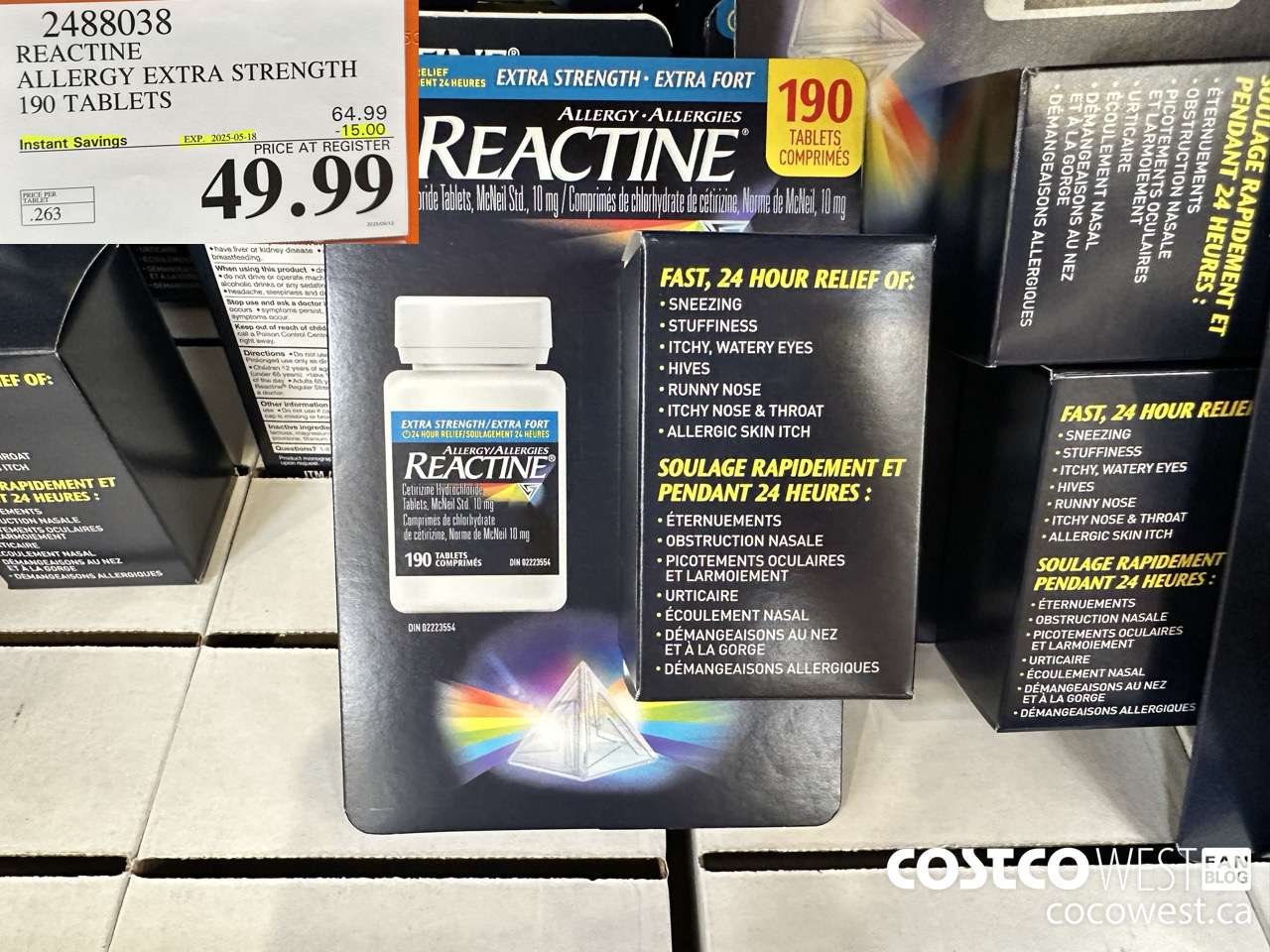 2488038 REACTINE ALLERGY EXTRA STRENGTH 190 TABLETS ($15.00 INSTANT SAVINGS EXPIRES ON 2025-05-18) $49.99