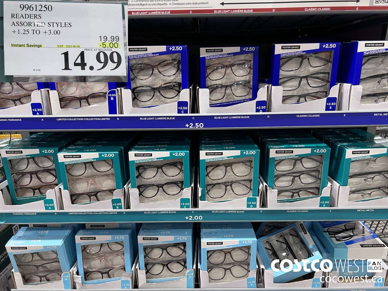 9961250 READERS ASSORTED STYLES +1.25 TO +3.00 ($5.00 INSTANT SAVINGS EXPIRES ON 2025-06-08) $14.99