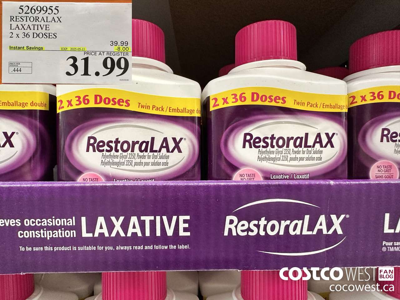 5269955 RESTORALAX LAXATIVE 2 X 36 DOSES ($8.00 INSTANT SAVINGS EXPIRES ON 2025-05-11) $31.99