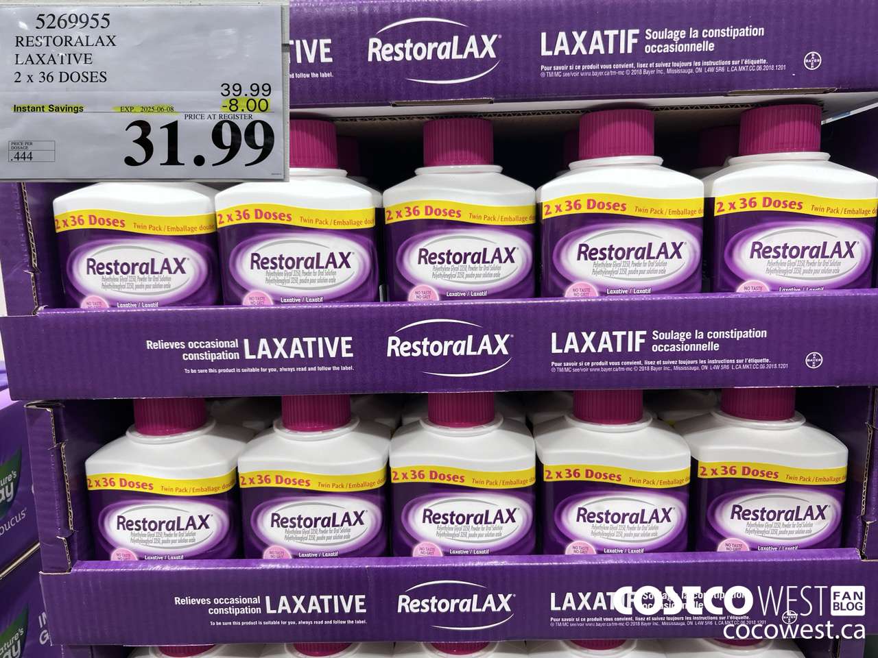 5269955 RESTORALAX LAXATIVE 2 X 36 DOSES ($8.00 INSTANT SAVINGS EXPIRES ON 2025-06-08) $31.99