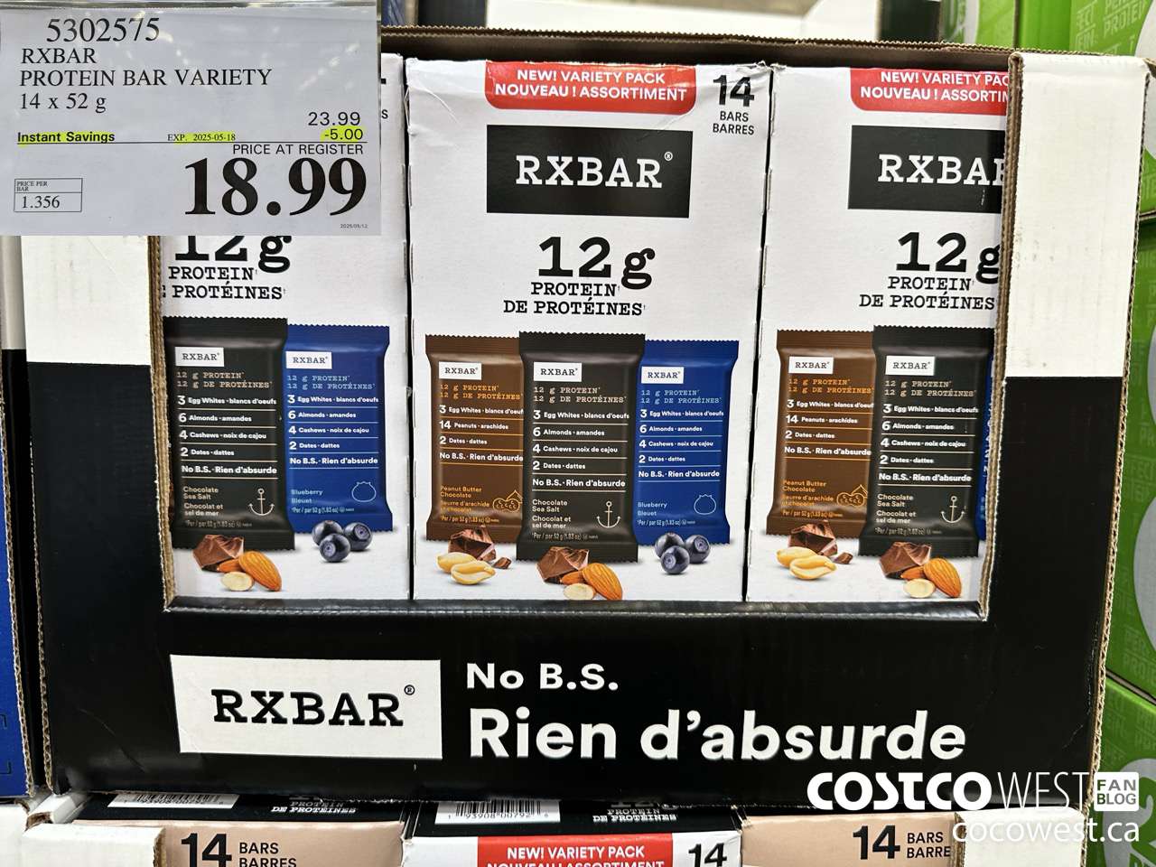 5302575 RXBAR PROTEIN BAR VARIETY 14 X 52G ($5.00 INSTANT SAVINGS EXPIRES ON 2025-05-18) $18.99