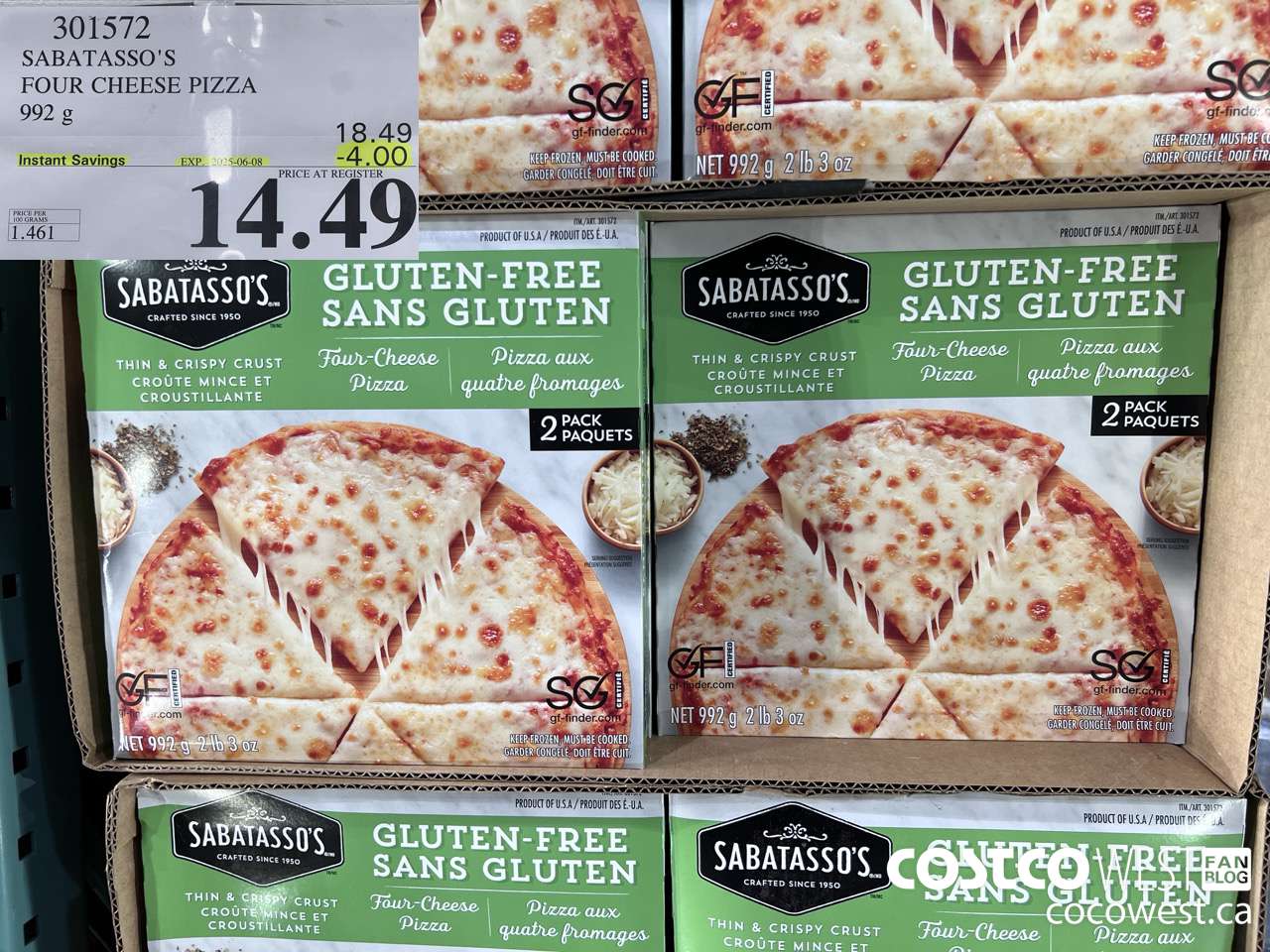 301572 SABATASSO'S GLUTEN-FREE CHEESE PIZZA 2 X 496 G ($4.00 INSTANT SAVINGS EXPIRES ON 2025-06-08) $14.49