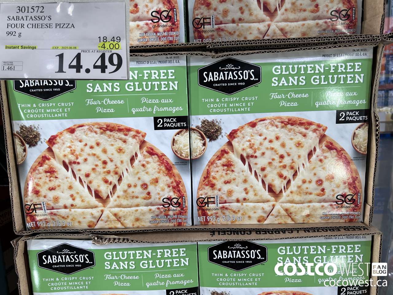 301572 SABATASSO'S GLUTEN-FREE CHEESE PIZZA 2 X 496 G ($4.00 INSTANT SAVINGS EXPIRES ON 2025-06-08) $14.49