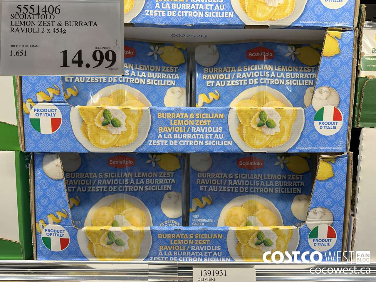 5551406 SCOIATTOLO LEMON ZEST & BURRATA RAVIOLI 2 X 454G $14.99
