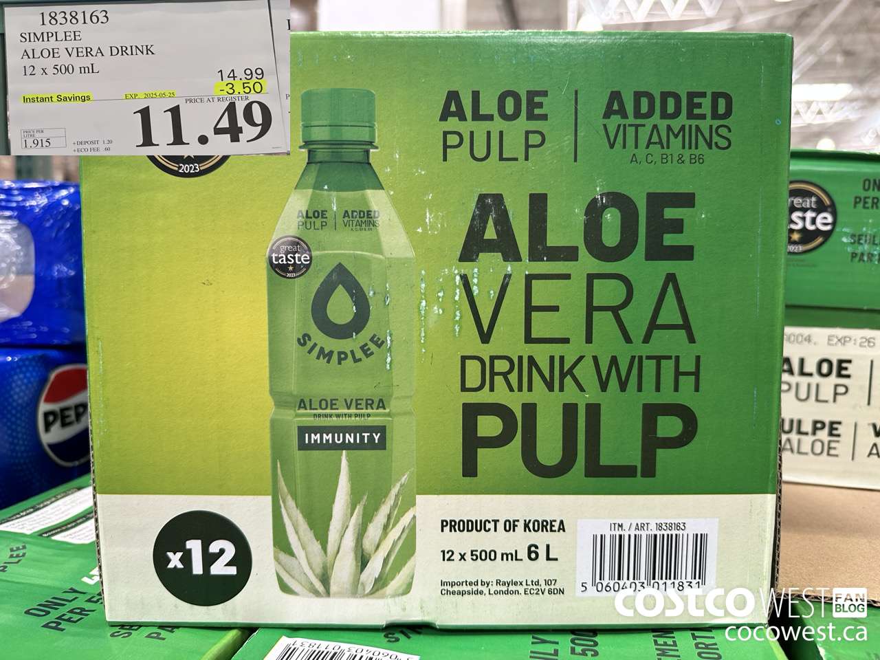 1838163 SIMPLEE ALOE VERA DRINK 12 X 500ML ($3.50 INSTANT SAVINGS EXPIRES ON 2025-05-25) $11.49