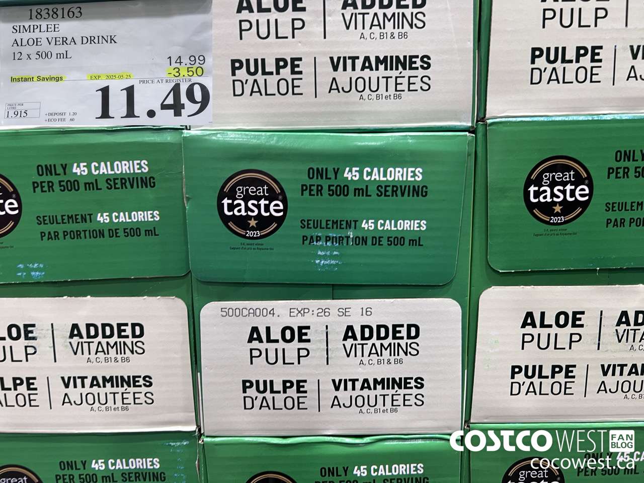 1838163 SIMPLEE ALOE VERA DRINK 12 X 500ML ($3.50 INSTANT SAVINGS EXPIRES ON 2025-05-25) $11.49