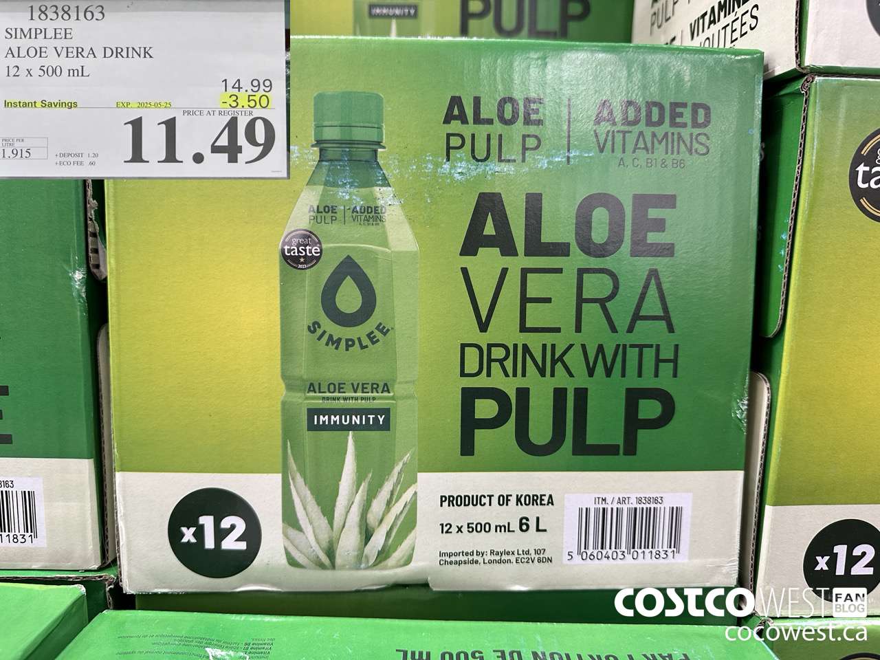 1838163 SIMPLEE ALOE VERA DRINK 12 X 500ML ($3.50 INSTANT SAVINGS EXPIRES ON 2025-05-25) $11.49