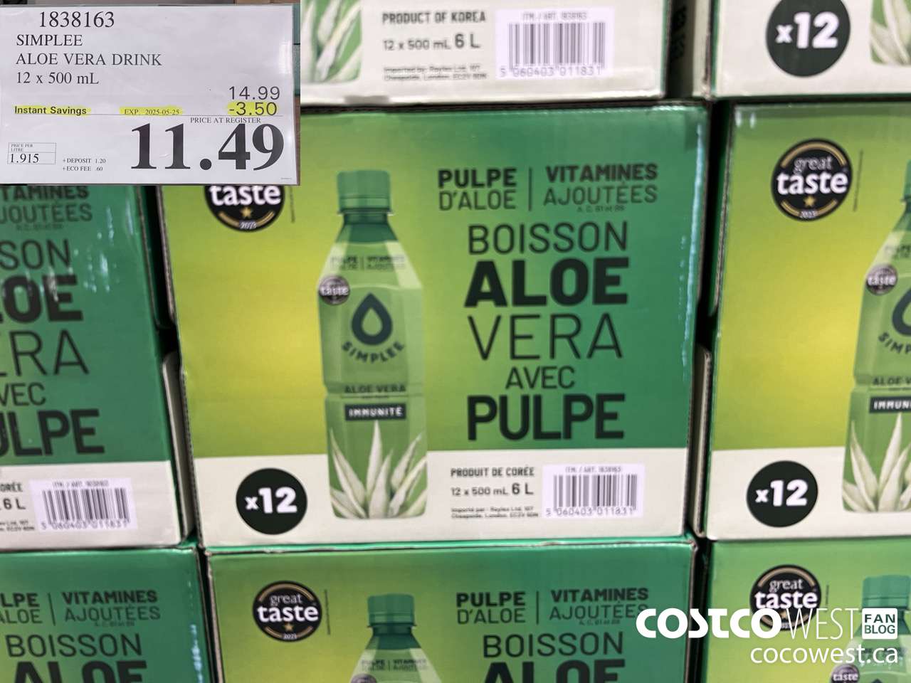 1838163 SIMPLEE ALOE VERA DRINK 12 X 500ML ($3.50 INSTANT SAVINGS EXPIRES ON 2025-05-25) $11.49