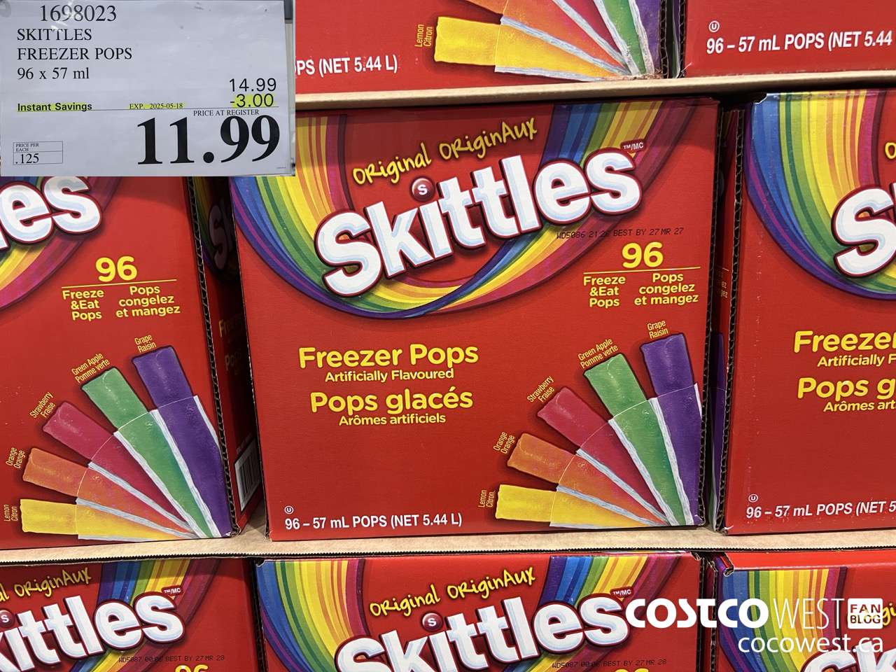 1698023 SKITTLES FREEZER POPS 96 x 57 ml ($3.00 INSTANT SAVINGS EXPIRES ON 2025-05-18) $11.99