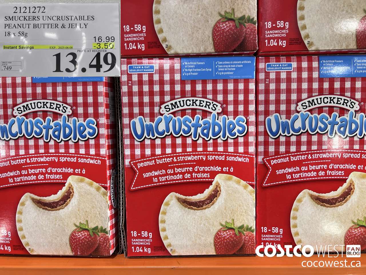 2121272 SMUCKERS UNCRUSTABLES PEANUT BUTTER & JELLY 18 X 58G ($3.50 INSTANT SAVINGS EXPIRES ON 2025-06-08) $13.49