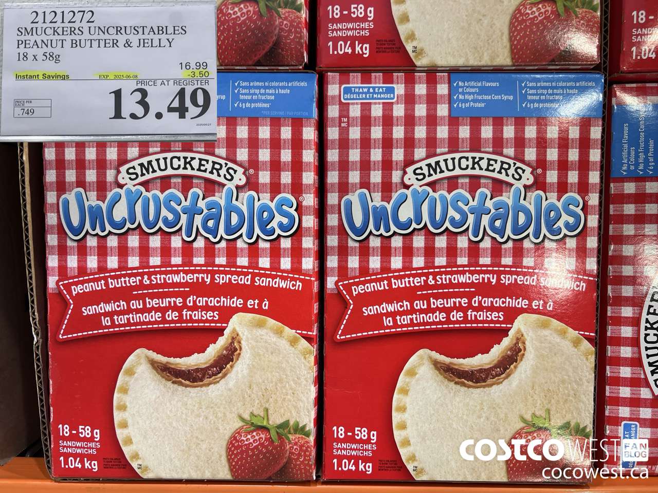 2121272 SMUCKERS UNCRUSTABLES PEANUT BUTTER & JELLY 18 X 58G ($3.50 INSTANT SAVINGS EXPIRES ON 2025-06-08) $13.49