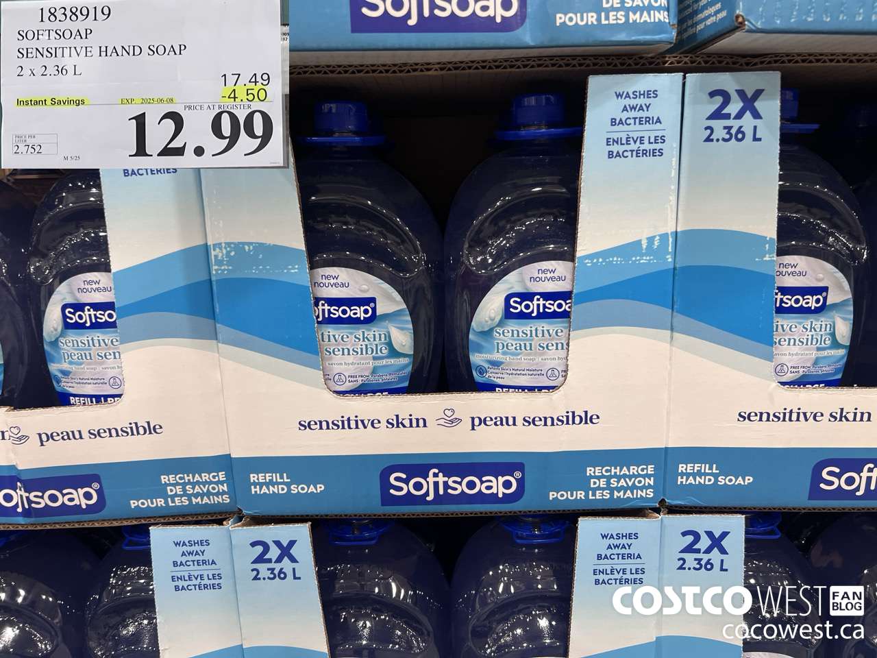 1838919 SOFTSOAP SENSITIVE HAND SOAP 2 X 2.36L ($4.50 INSTANT SAVINGS EXPIRES ON 2025-06-08) $12.99