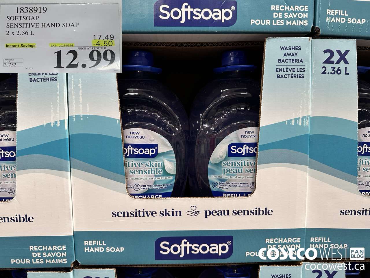 1838919 SOFTSOAP SENSITIVE HAND SOAP 2 X 2.36L ($4.50 INSTANT SAVINGS EXPIRES ON 2025-06-08) $12.99