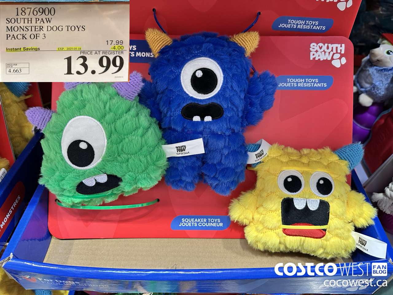 1876900 SOUTH PAW MONSTER DOG TOYS PACK OF 3 ($4.00 INSTANT SAVINGS EXPIRES ON 2025-05-18) $13.99
