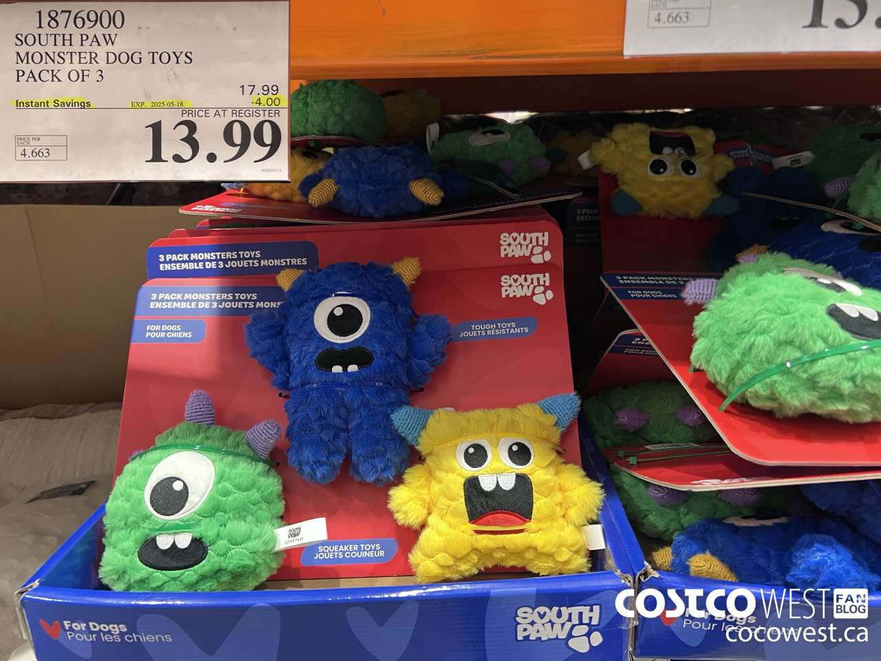 1876900 SOUTH PAW MONSTER DOG TOYS PACK OF 3 ($4.00 INSTANT SAVINGS EXPIRES ON 2025-05-18) $13.99