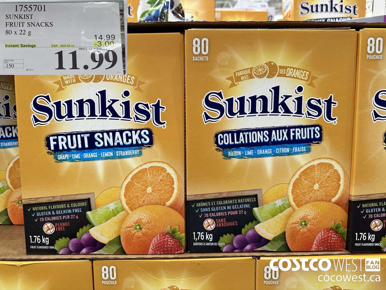 1755701 SUNKIST FRUIT SNACKS 80 X 22 G ($3.00 INSTANT SAVINGS EXPIRES ON 2025-05-11) $11.99